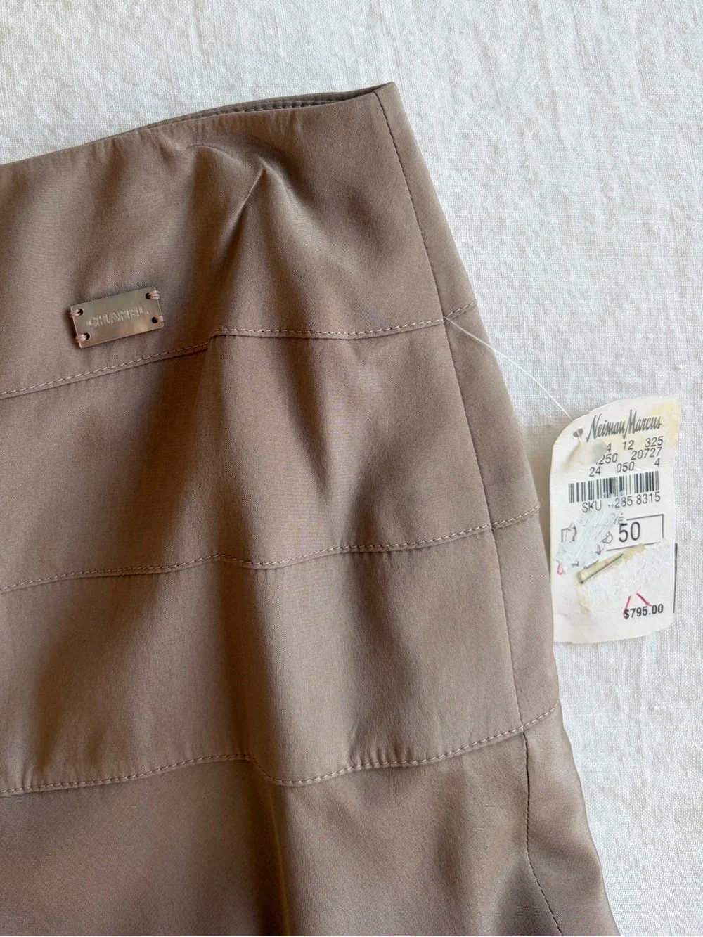 NWT Vintage Chanel Silk Logo Ruffle Flouncy Mini Skirt Taupe Brown Tan Pearl
